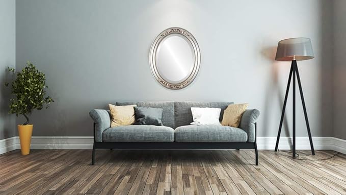 OVALCREST Oval Beveled Wall Mirror for Home Decor - Florence Style - Silver Leaf with Brown Antique - 34" x 28"