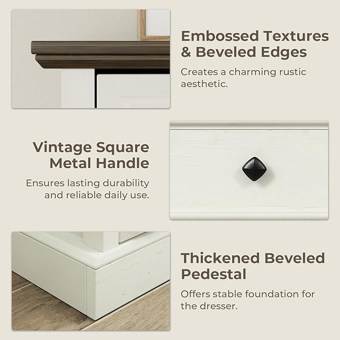 Farmhouse 6 Drawer Dresser for Bedroom, 54" Wide Wood Dresser with Natural Texture, Rustic Chest of Drawers for Bedroom with Vintage Metal Hands, for Living Room, Hallway, Antique White
