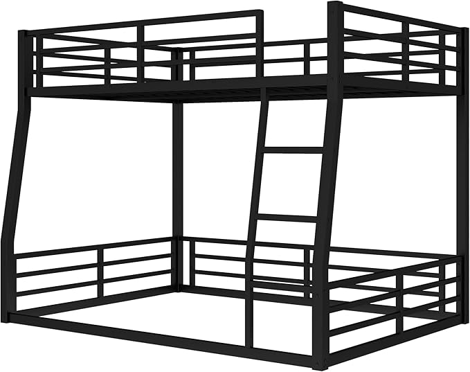 Full XL Over Queen Bunk Bed Frame with Noise Reduced Design, Heavy Buty Floor Bunk Bed Full XL Over Queen Bunk Beds with Build in Ladder for Adults, Teens(Black Floor Bunk Bed)