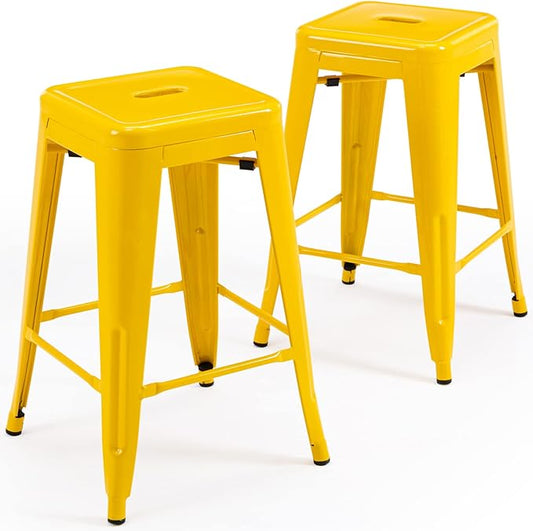 Vogue Furniture Direct 24" High Bar Stools Backless Yellow Metal Barstools Indoor-Outdoor Counter Height Stools with Square Seat, Set of 2 - VF1571019
