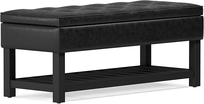 SIMPLIHOME Cosmopolitan 44 inch Wide Transitional Rectangle Storage Ottoman Bench with Open Bottom in Distressed Black Vegan Faux Leather, Assembled for the Living Room and Bedroom