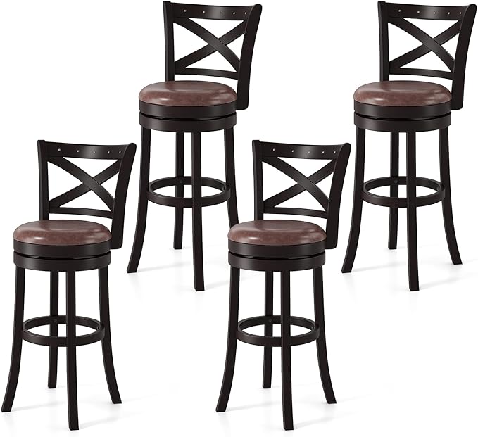 COSTWAY Bar Stools Set of 4, 30" Swivel Bar Height Bar Chairs with Copper Nails, Upholstered Seat, X-Shaped Backrest, Solid Rubber Wood Frame, for Kitchen Island Pub Bar