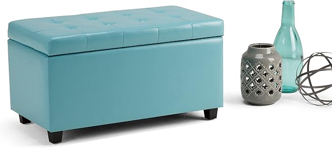 SIMPLIHOME Cosmopolitan 34 inch Wide Transitional Rectangle Storage Ottoman in Soft Blue Vegan Faux Leather, Assembled, For the Living Room, Entryway and Family Room