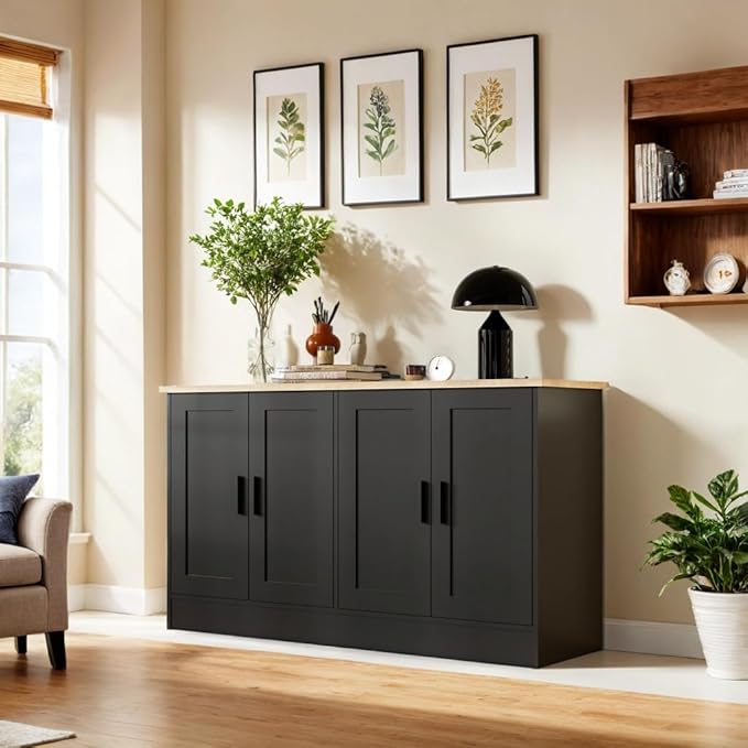 Black Sideboard Buffet with 4 Doors, Accent Coffee Bar, Kitchen Cabinet for Living Room, Kitchen or Hallway