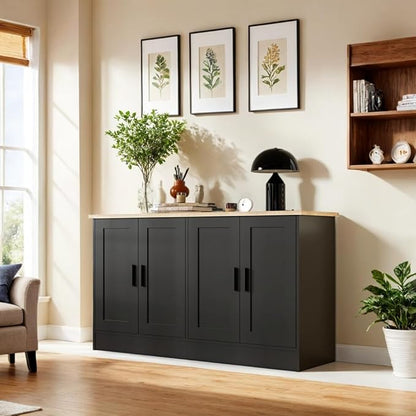 Black Sideboard Buffet with 4 Doors, Accent Coffee Bar, Kitchen Cabinet for Living Room, Kitchen or Hallway