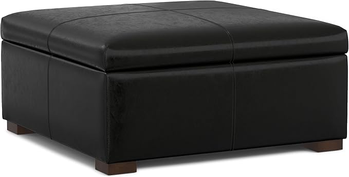 SIMPLIHOME Gabbie 36 inch Wide Contemporary Square Square Coffee Table Storage Ottoman in Midnight Black PU Black Faux Leather, Assembled, for The Living Room, Entryway and Family Room