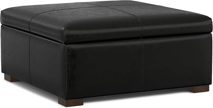SIMPLIHOME Gabbie 36 inch Wide Contemporary Square Square Coffee Table Storage Ottoman in Midnight Black PU Black Faux Leather, Assembled, for The Living Room, Entryway and Family Room