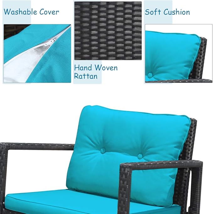 COSTWAY 3 Pieces Patio Rattan Rocking Chair Set, Outdoor Conversation Furniture Sets with Coffee Table, Storage Shelf and Cushions, Modern Bistro Set for Porch, Backyard, Garden, Turquoise