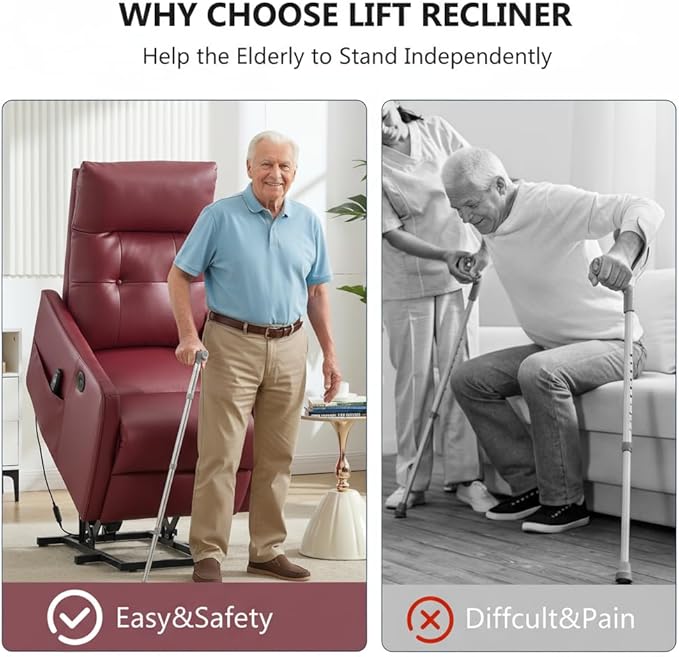 PELUMY Manual Lift Recliner Chair with Massage and Heat for Elderly, Single Motor Electric Lift Chair, Heavy Duty Recliner with USB Charging & Side Pockets (Breathable Leather, Red)
