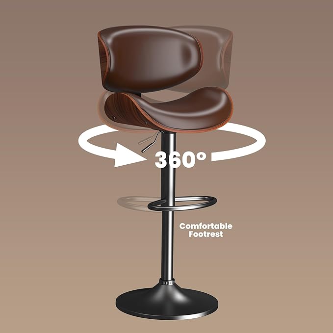 Bar Stools Set of 2, Bar Stools for Kitchen Island with Bentwood Back and Leather Seat, Swivel Barstools for Kitchen Counter, Bar, Brown