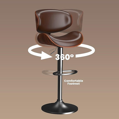 Bar Stools Set of 2, Bar Stools for Kitchen Island with Bentwood Back and Leather Seat, Swivel Barstools for Kitchen Counter, Bar, Brown