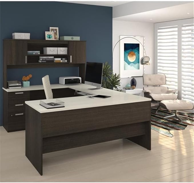Pemberly Row U Shaped Computer Desk in Dark and White Chocolate