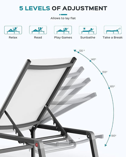 Patio Chaise Lounge Chair Set of 4, Foldable Lounge Chair for Outside, Aluminum Chairs with 5 Adjustable Backrest, Outdoor Pool Lounger for Patio, Lawn, Deck, White