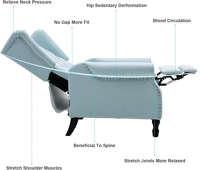 Pushback Recliner, Modern Accent Arm Reclining Sofa, Fabric Wingback Chair for Living Room & Bedroom, Light Blue