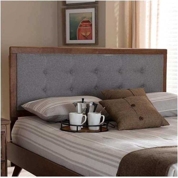Mid-Century Marvel Fabric Upholstered Walnut Brown Finished Wood Headboard, Wall Mount Headboard King/Light Gray