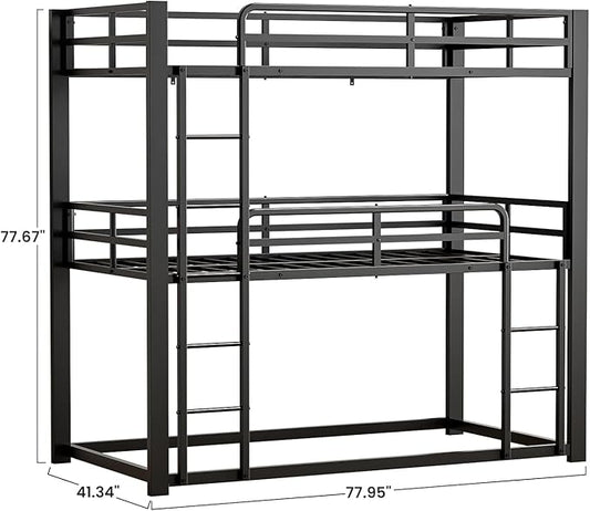 Metal Triple Bunk Bed, Twin Over Twin Over Twin Heavy Duty Bunkbeds, Full-Length Guardrail Family-Friendly for All Ages, Bedroom, No Box Spring Needed, Easy Assembly, Black