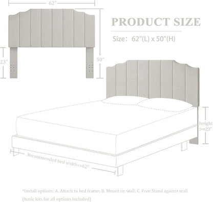 Queen Size Headboard Only, Linen Wall Mounted Headboard Queen/Full Size for Adjustable Bed, Modern Vertical Channel Design with Curved Tufted Upholstered Head Board, Linen Gray