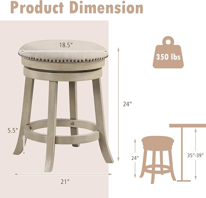 COSTWAY 360° Swivel Bar Stools Set of 2, 24-inch Height Upholstered Round Barstools with Wooden Frame, Seat and Footrest, Backless Solid Wood Counter Stools for Kitchen Island Bistro Pub, Beige