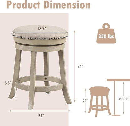 COSTWAY 360° Swivel Bar Stools Set of 2, 24-inch Height Upholstered Round Barstools with Wooden Frame, Seat and Footrest, Backless Solid Wood Counter Stools for Kitchen Island Bistro Pub, Beige
