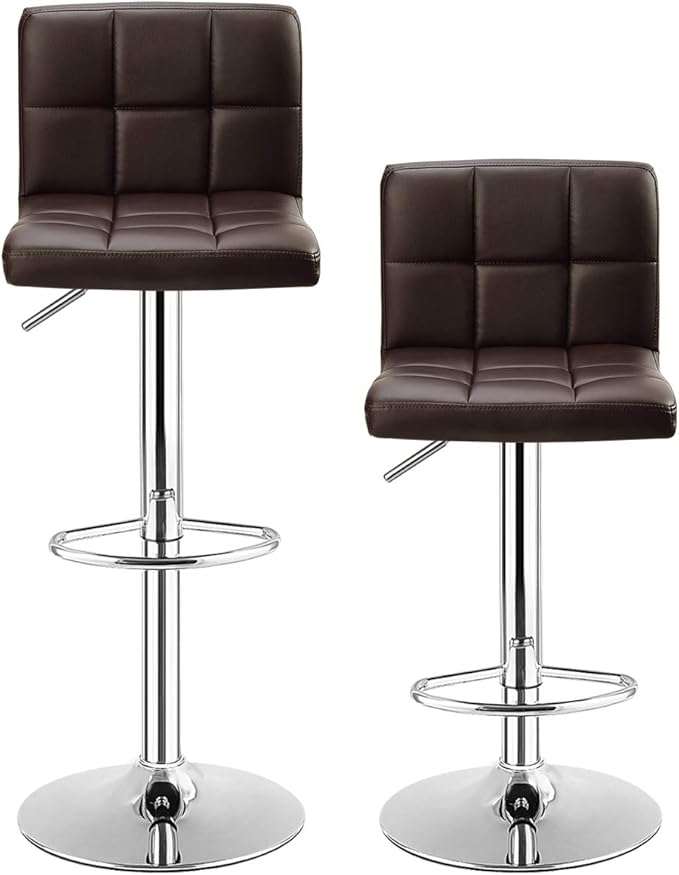 COSTWAY Adjustable Height PU Leather Barstools Set of 2, Brown