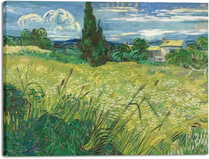 Wieco Art Abstract Large Canvas Wall Art Prints Green Field 1889 by Van Gogh Famous Oil Paintings Reproduction Artwork Stretched Landscape Picture for Home Decor Office Decoration
