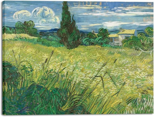 Wieco Art Abstract Large Canvas Wall Art Prints Green Field 1889 by Van Gogh Famous Oil Paintings Reproduction Artwork Stretched Landscape Picture for Home Decor Office Decoration
