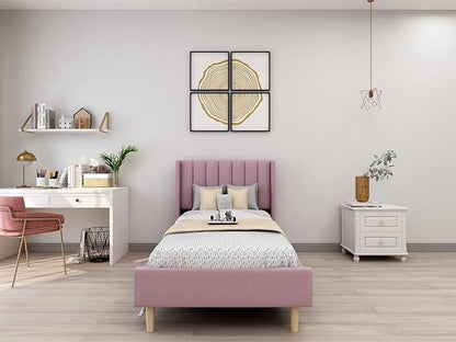 Low Profile Upholstered Platform Bed,Twin Beds with Pink(Velvet)