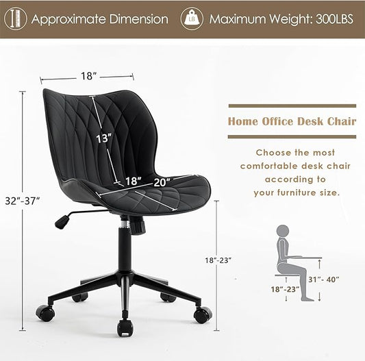 YOUNUOKE Armless Desk Chair Comfy Office Chair with Wheels Home Ergonomic Task Chair Adjustable Computer Chairs Modern Faux Leather Swivel Chair Upholstered Makeup Vanity Chair with Back(Black)