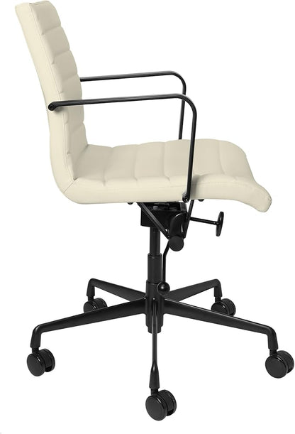 Laura Davidson Furniture SOHO II Ribbed Office Chair - Mid Back Desk Chair, Ergonomically Designed with Arm Rest & Swivel, Made of Faux Leather, Sand with Black Frame, Computer Chair