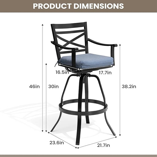 Pellebant 30" Sunbrella Outdoor Bar Stools Set of 2, Aluminum Swivel Patio Bar Height Bar Stools with Back & Footrest, for Deck Lawn Garden(Spectrum Denim)
