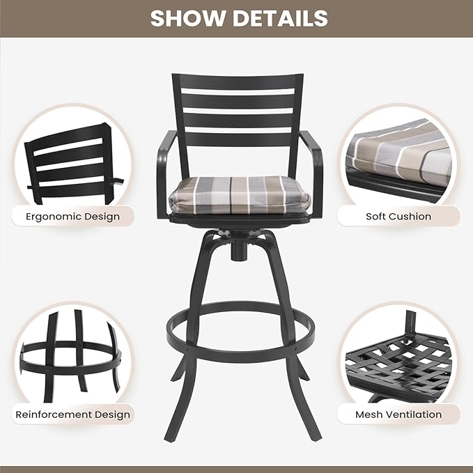 Pellebant Outdoor Swivel Barstools Set of 6, Aluminum 29.5" Bar Height Stool Chairs with Back & Footrest,Rust-Proof Tall Patio Bar Stools for Deck Lawn Garden,Milano Char