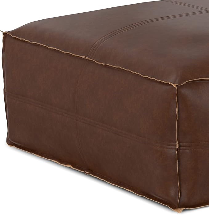 SIMPLIHOME Brody 30-inch Wide Large Square Coffee Table Pouf in Distressed Dark Brown, Vegan Faux Leather Ottoman, Footrest, or Extra Seating for Living Room, Assembled