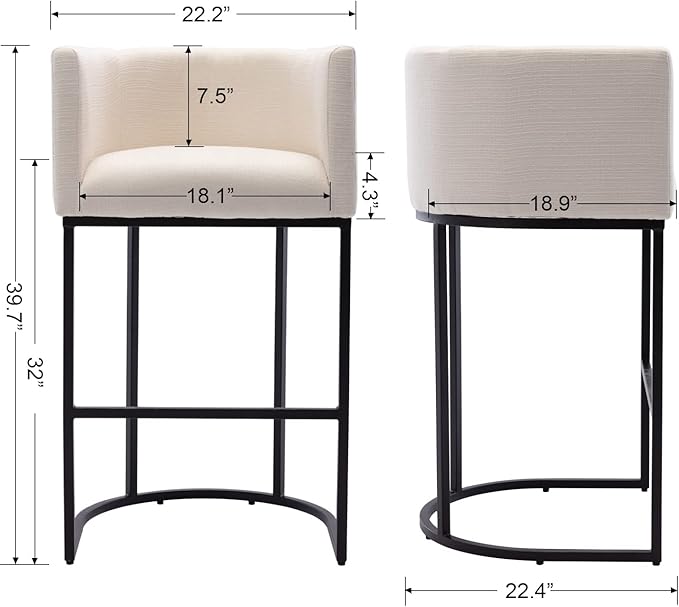 Contemporary Cream Linen Bar Stool, 32" Upholstered Fabric Counter Height Barstool Kitchen Counter Island Stool with Black Metal Base