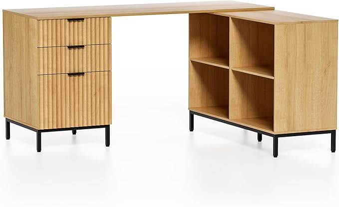 Fluted Executive Desk with Storage Cabinet, 60" Modern Flexible Home Office Desk, Large Wood Convertible Computer Standing Up Desk with File Drawer, L Shaped Writing Desk Natural Oak
