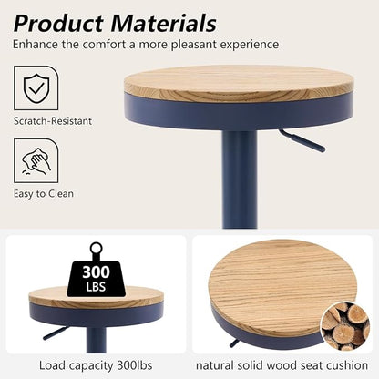 Kidol & Shellder Bar Stools Set of 6 Round Adjustable Swivel Barstools Modern Backless Bar Chairs Wooden Seat Counter Height Stools Armless for Kitchen Island, Cafe, Dining Room Blue