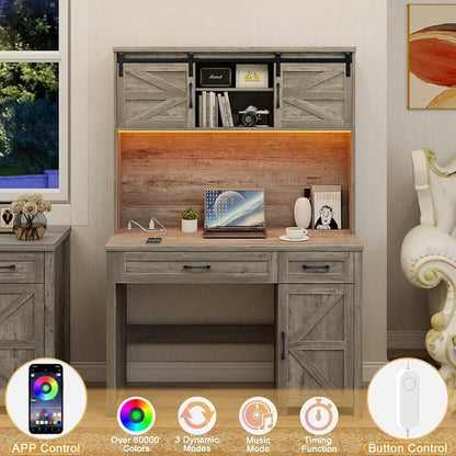 Vabches Farmhouse 47" Executive Desk, Computer Desk with 2 Drawers, LED Light and Storage Cabinet, Home Office Desk with Hutch, Charging Hub, Workstation for Home Office and Study.Grey