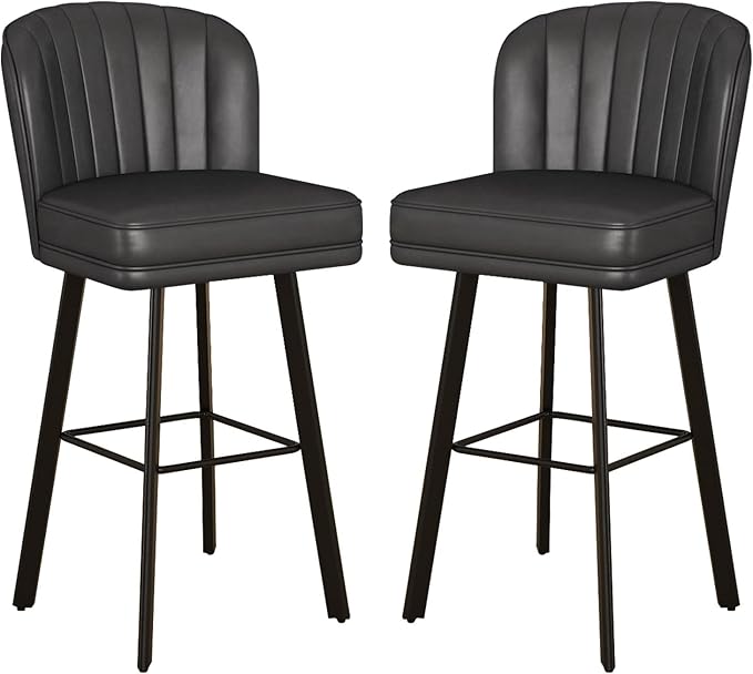 Swivel Counter Height Bar Stools Set of 2, 30'' Modern Barstools with Backs and Metal Legs, Upholstered Bar Chairs, Faux Leather Black Stools for Kitchen Island Chairs