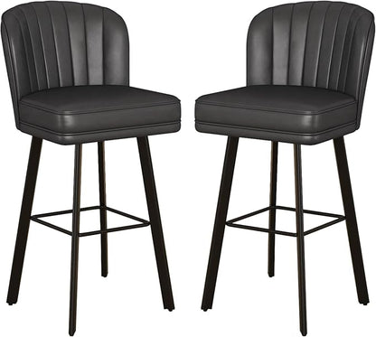 Swivel Counter Height Bar Stools Set of 2, 30'' Modern Barstools with Backs and Metal Legs, Upholstered Bar Chairs, Faux Leather Black Stools for Kitchen Island Chairs