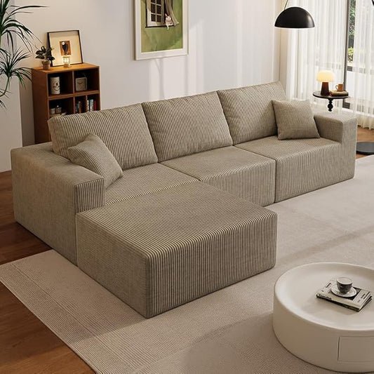 110" Boneless Cloud Sectional Couch for Living Room, Compressed Modular L-Shaped Sofa with Deep Seat, Frameless Corduroy Couch in Boxes, No Assembly Required 3-Seater (Left-Facing Chaise, Grey)