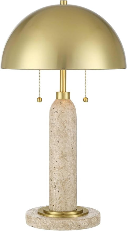 Possini Euro Design Chanterelle 24 1/2" High Mushroom Mid Century Modern Table Lamp Pull Chain Beige Faux Stone Finish Single Brass Dome Shade Living Room Bedroom Bedside Nightstand House Office