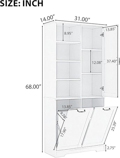 Tall Laundry Cabinet with 2 Tilt Out Hamper, Wood Bathroom Storage Cabinet with Doors and Adjustable Shelves Freestanding (Black)