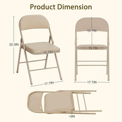 4 Pack Khaki Folding Chairs with Padded Cushion and Back, Portable Duty Metal Frame Commercial Seat, Foldable Indoor Outdoor Chairs for Office Party Events Kitchen Dinning Wedding, 330-LBS Capacity