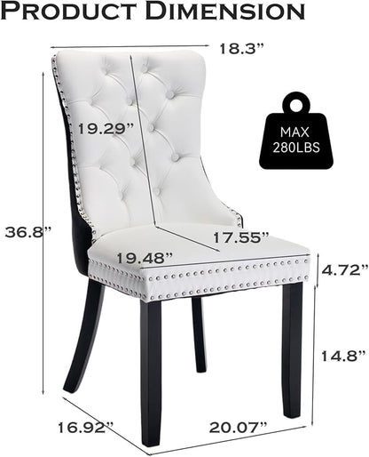 Leather Upholstered Dining Chairs Set of 4, Modern Style Kitchen Side Chairs with Nailhead Trim and Wood Leg, Metal Pulling Ring for Dining Room Living Room(Black&White,Set of)
