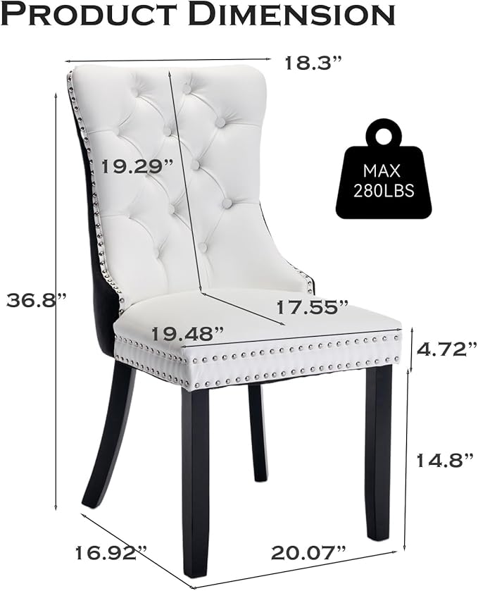 Leather Upholstered Dining Chairs Set of 6, Modern Style Kitchen Side Chairs with Nailhead Trim and Wood Leg, Metal Pulling Ring for Dining Room Living Room(Black&White,Set of 6)
