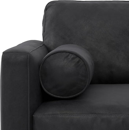 SIMPLIHOME Morrison Accent Chair - 43 inch Wide Upholstered Top Grain Genuine Leather Mid-Century Modern Arm Chair with Solid Wood Frame in Lead Black, for Living Room with 2 Bolster Pillows