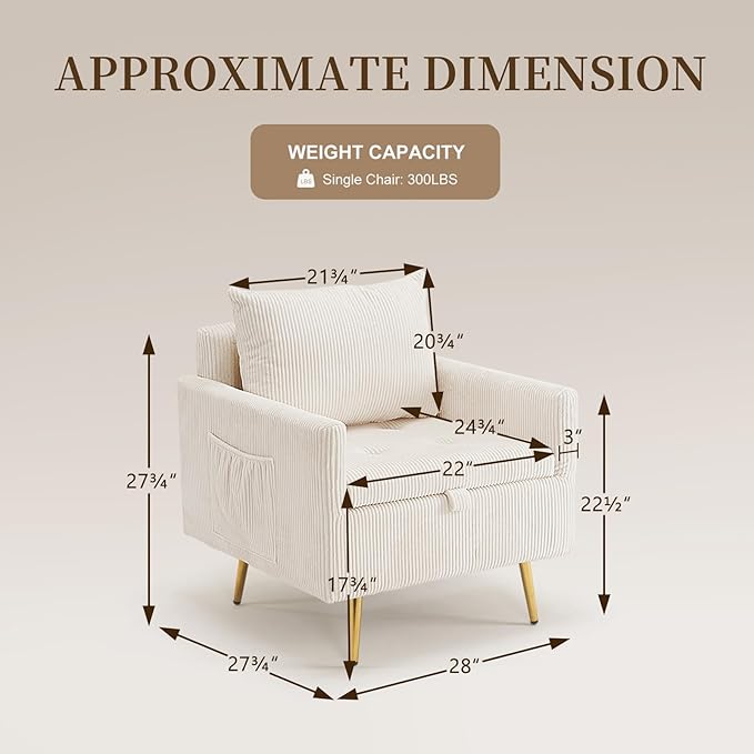 Furnimart Beige Mid-Century Modern Corduroy Storage Accent Chair with Arm, 1-Seater, Built-in Storage, Reading Chair for Bedroom, Living Room, Apartment