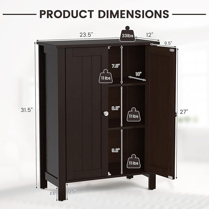 COSTWAY Bathroom Floor Cabinet - Freestanding Side Storage Organizer with Double Doors & Adjustable Shelf, Wooden Storage Cabinet for Living Room, Bedroom, Kitchen, Entryway (Brown)