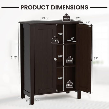 COSTWAY Bathroom Floor Cabinet - Freestanding Side Storage Organizer with Double Doors & Adjustable Shelf, Wooden Storage Cabinet for Living Room, Bedroom, Kitchen, Entryway (Brown)