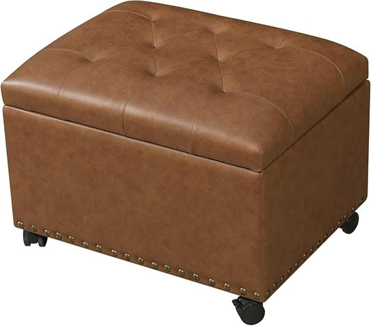 24" Leather Storage Ottoman with Steerable Rolling Wheels, Rectangle Foot Rest Ottoman with Storage for Living Room Bedroom, Vintage Golden Brown