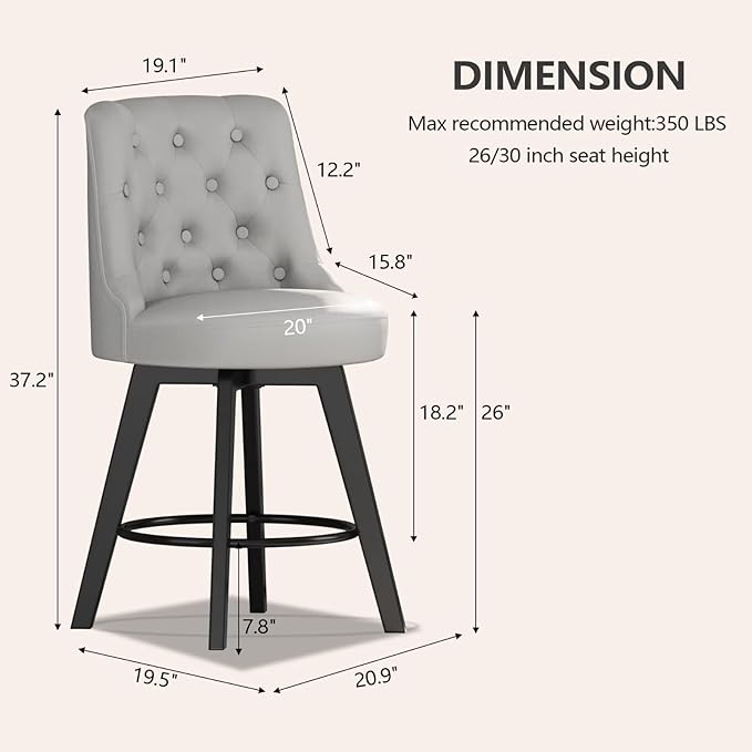 MINCETA Set of 2 Upholstered Bar Stools - 26 Inch Swivel Counter Height Stools with Low Tufted Back, Footrest & Performance Fabric - Round Seat for Kitchen Island & Home Bar Light Gray